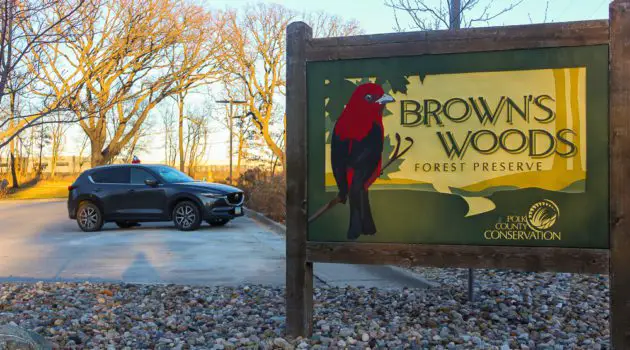Brown's Woods sign and parking